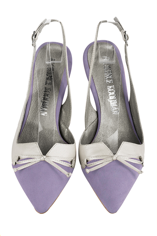 Lilac purple and pure white women's open back shoes, with a knot. Tapered toe. High slim heel. Top view - Florence KOOIJMAN